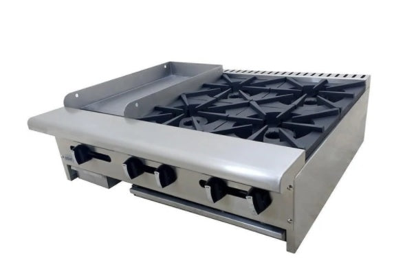 ESTUFA DE MESA, CON 4 QUEMADORES Y PLANCHA DE 12 A GAS, RESTAURANT LINE MOD AEM-G12-B4-36