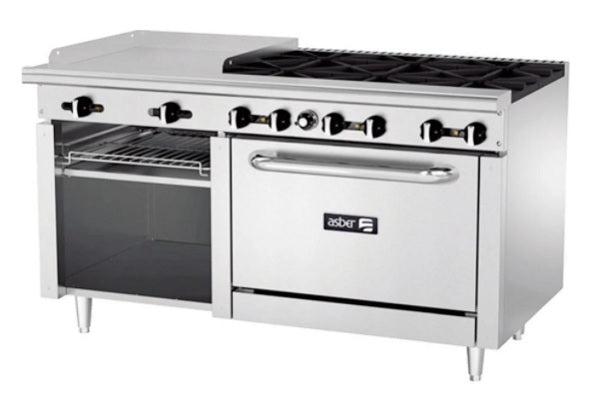 ESTUFA MULTIPLE, HORNO DE 36 PULGADAS, CON 6 QUEMADORES, PLANCHA 24 Y GRATINADOR, RESTAURANT LINE MOD AEMR-G24-B6-60-H