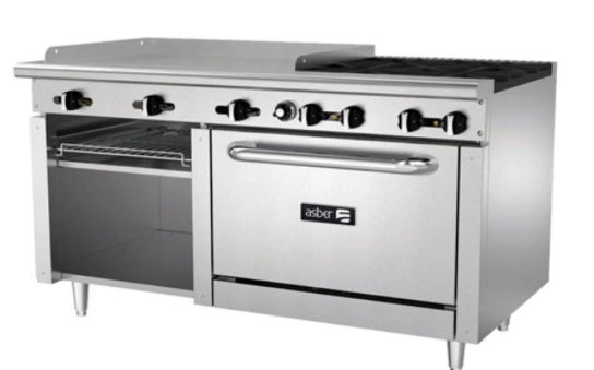 ESTUFA MULTIPLE, HORNO DE 36 PULGADAS, CON 4 QUEMADORES, PLANCHA 36 Y GRATINADOR, RESTAURANT LINE MOD AEMR-G36-B4-60-H