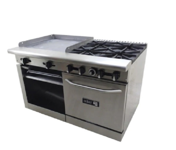 ESTUFA MULTIPLE A MESA, CON 4 QUEMADORES, PLANCHA 24, CON GRATINADOR Y HORNO 24, COMMERCIAL LINE MOD AMR-48
