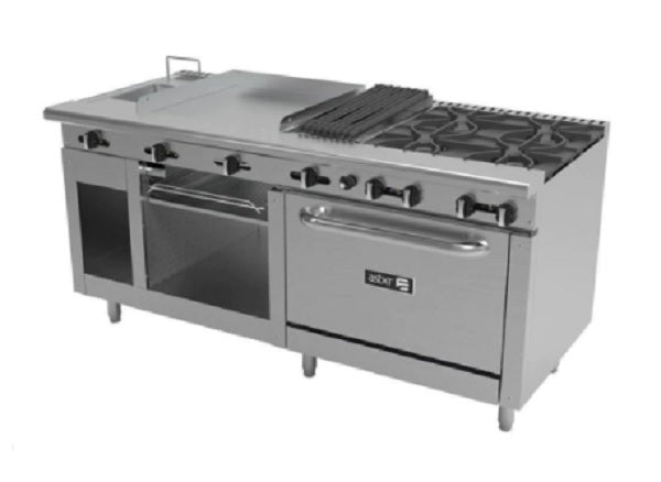 ESTUFA MULTIPLE A MESA, CON 4 QUEMADORES, ASADOR 12, CON PLANCHA 24, HORNO, GRATINADOR Y FREIDORA, COMMERCIAL LINE MOD AMR-72