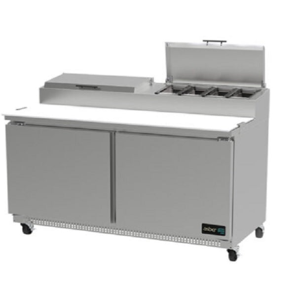 MESA DE PREPARACION PARA PIZZAS, 2 PUERTAS SOLIDAS, 60 PULGADAS, TABLA DE CORTE REVERS DE 18 PULGA EN NYLAMID, R-290 MOD APTP-60 HC