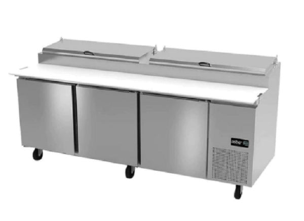 MESA DE PREPARACION PARA PIZZAS, 3 PUERTAS SOLIDAS, 93 PULGADAS, TABLA DE CORTE REVERS DE 19 PULGA EN NYLAMID, R-290 mod aptp-93 hc